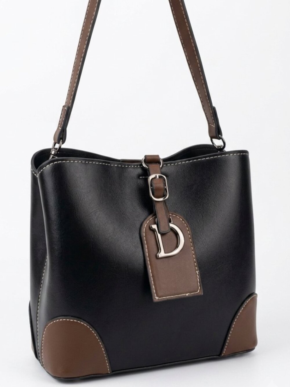 Vintage-Style Black & Cognac Leather Bucket Bag | Crossbody Shoulder Bag